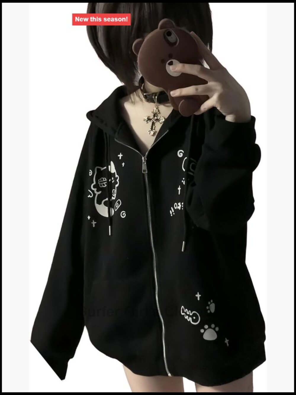 Y2K Zip Up Cute Graphic Hoodies Cat Ears Casual Cartoon Harajuku Streetwear